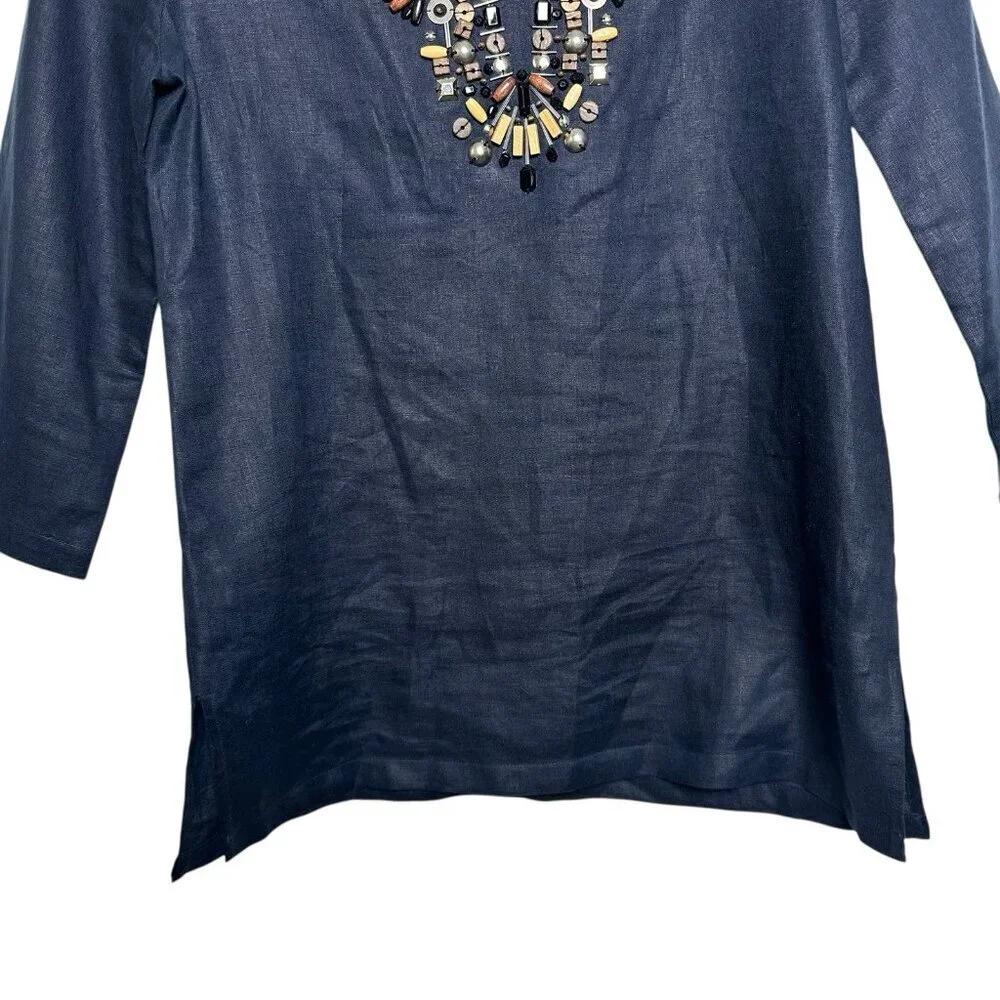 Michael Kors Small Navy 100% Linen Tunic Shirt Embellished Top 3/4 Sleeve Office - Picture 3 of 10